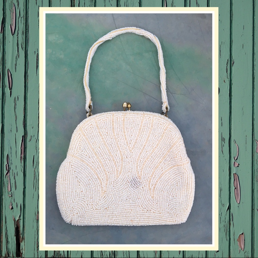 Vintage 50s 60s White Cream Beaded Small Handbag Styled By Simon Purse Japan